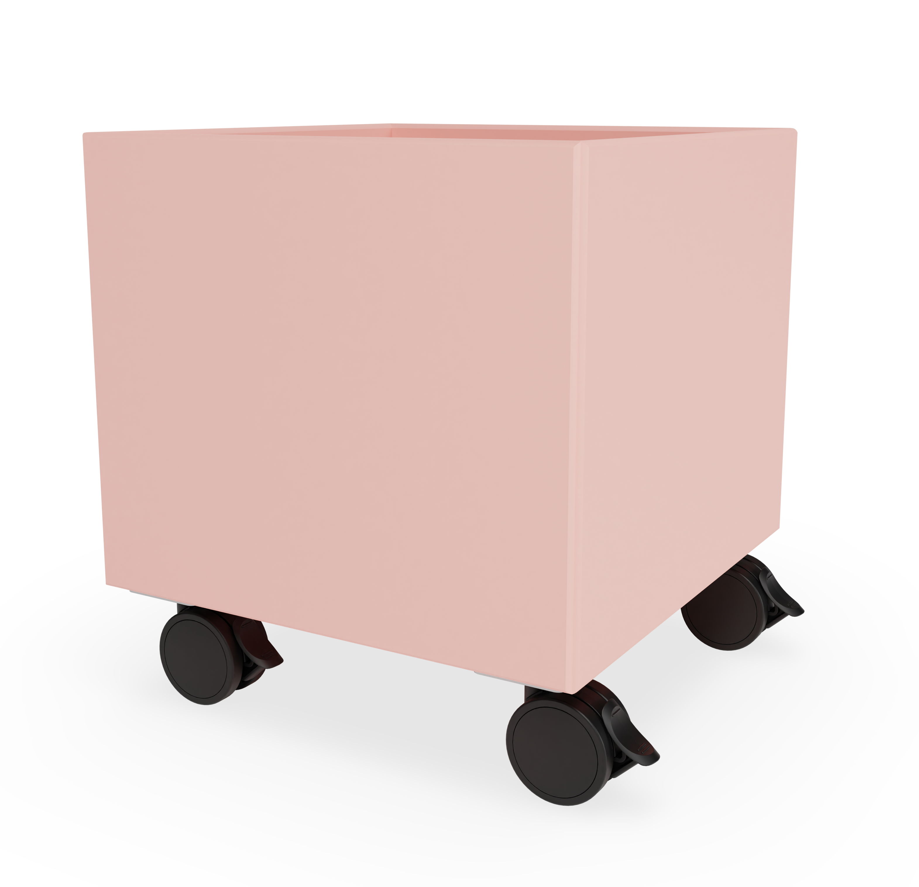 Rosa Mini Play Aufbewahrungsbox von Montana mit schwarzen Rollen für Kinderzimmer und Spielzeug.