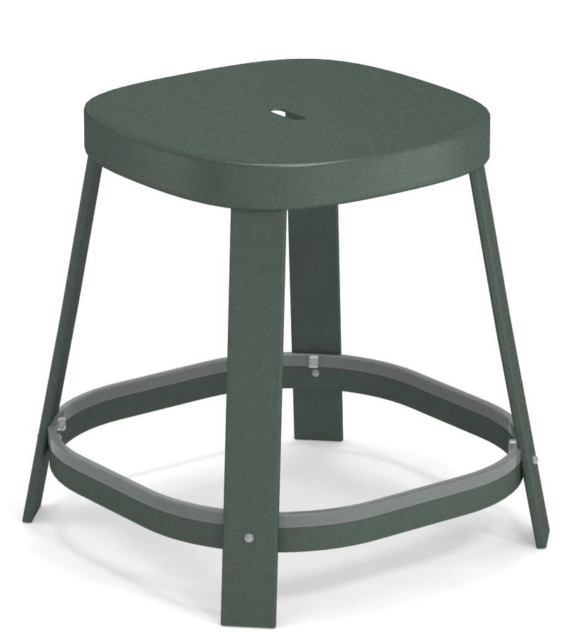 Thor Dining Stool: Niedriger, grüner Barhocker für den Außenbereich von Emu, ideal für Garten und Terrasse.