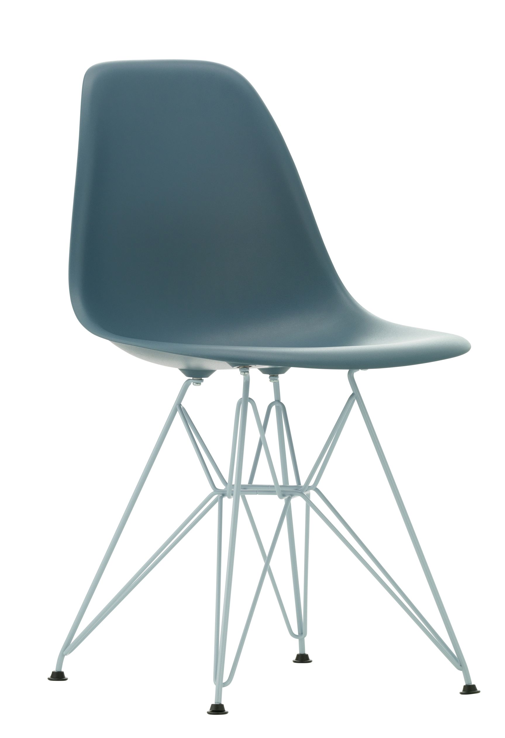Blauer Eames Plastic Side Chair DSR von Vitra mit verchromtem Eiffelgestell. Designklassiker.