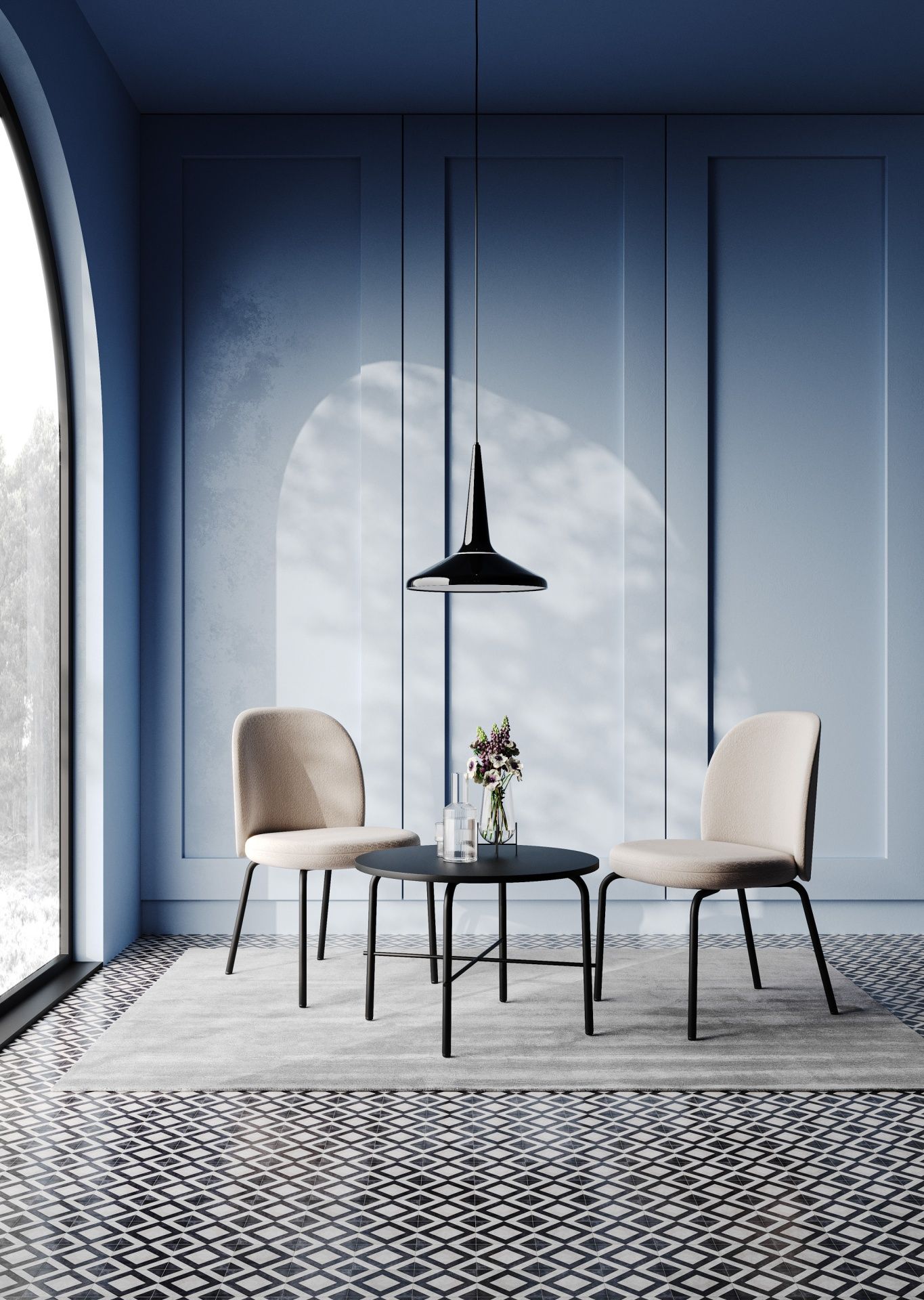 Moderner Wohnraum mit blauem Wandpaneel, zwei Stühlen und rundem, schwarzem Bejot Couchtisch.
