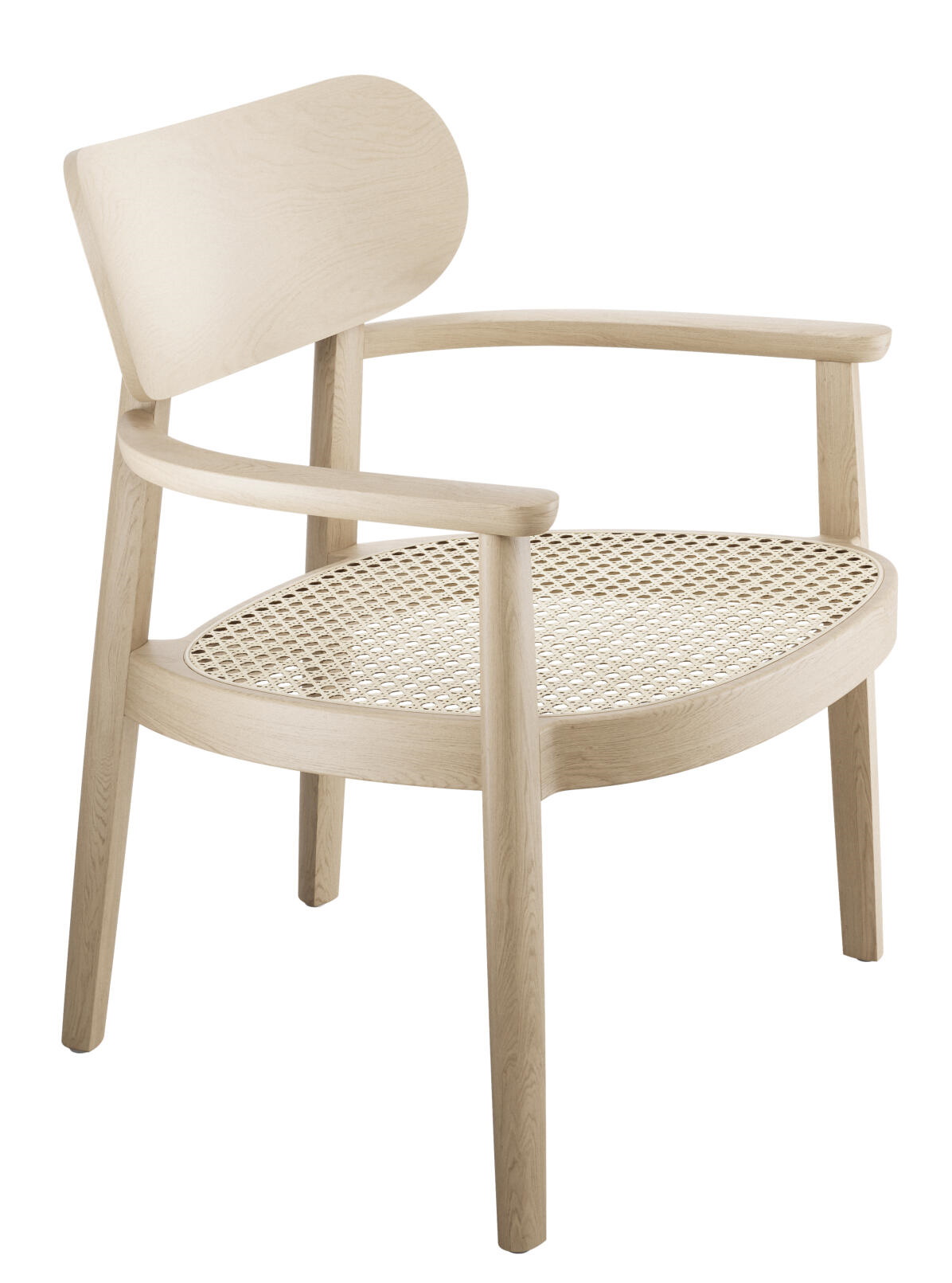 Heller Holzstuhl mit Armlehnen und Wiener Geflecht Sitzfläche, einladender Sessel für Wohnzimmer und Esszimmer.