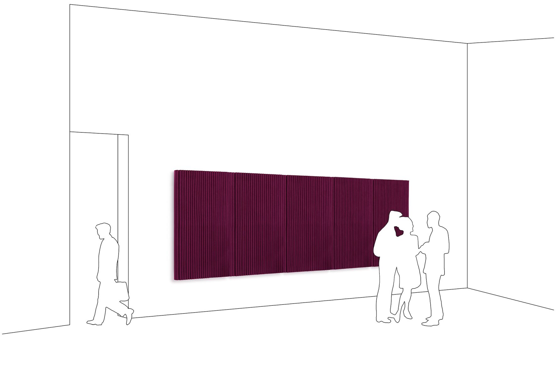 Langes, hochformatiges, bordeauxrotes Welle Wandmodul von Hey-Sign mit vier Wandhalterungen, zur Schallabsorption und Wandgestaltung im Raum.