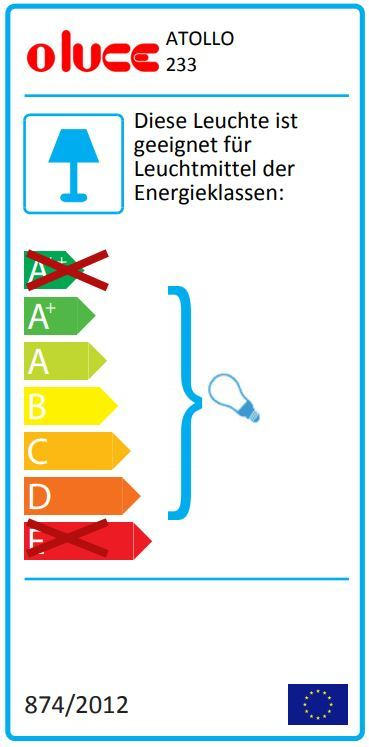 Energieeffizienzlabel der Atollo Tischleuchte von Oluce, geeignet für Leuchtmittel der Energieklassen A+ bis E.
