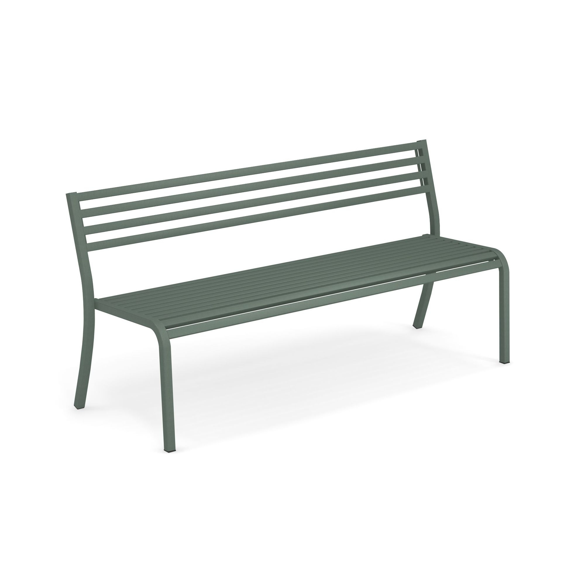 Dunkelgrüne Segno Bank für den Garten oder die Terrasse. Moderne Gartenbank aus Metall.
