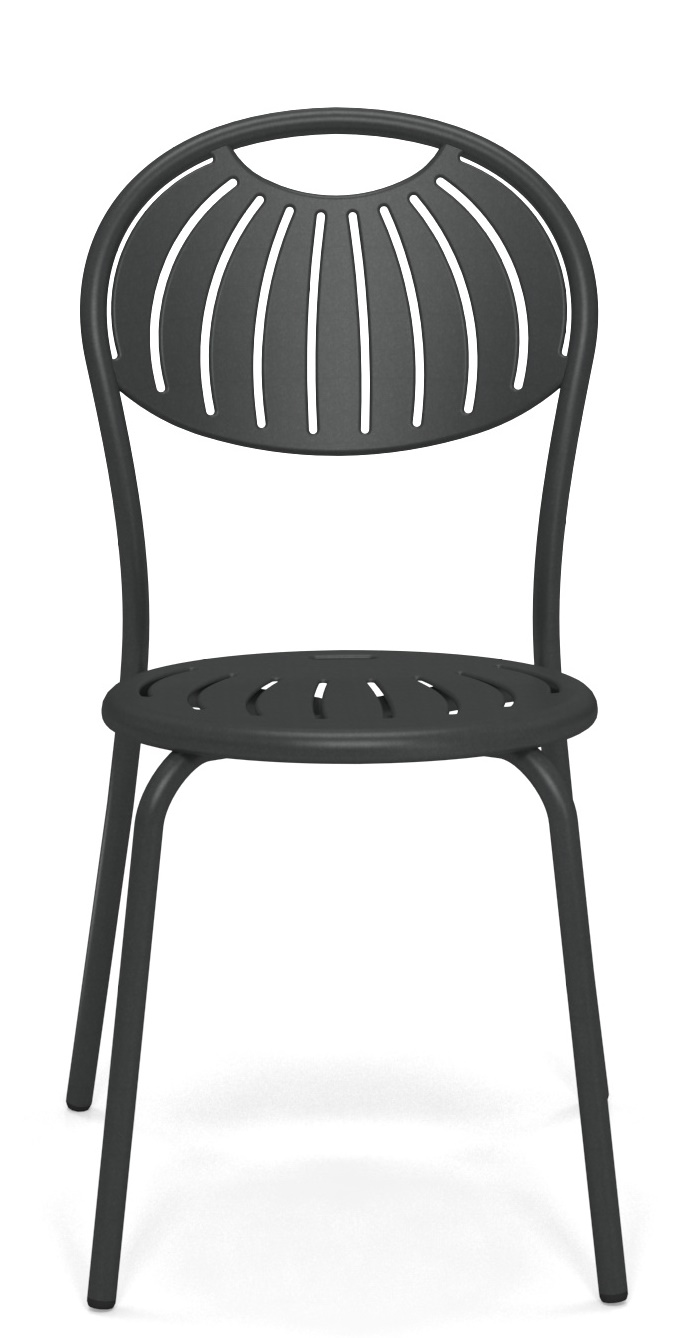 Coupole Stuhl von Emu für den Außenbereich, dunkelgrauer Metallstuhl mit abgerundeter Rückenlehne und Sitzfläche.