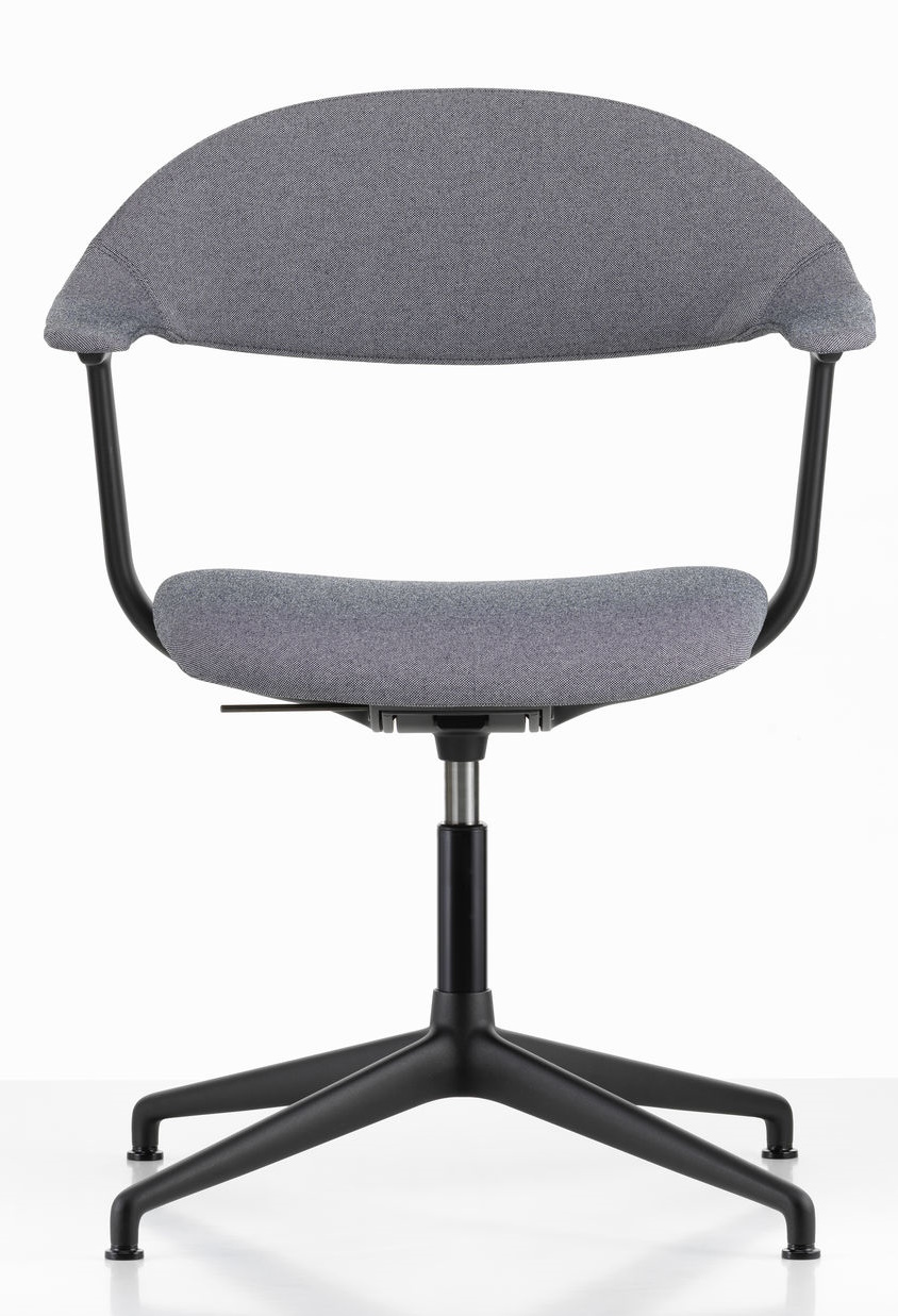 Vitra Mynt Bürodrehstuhl mit grauem Stoffbezug und schwarzem Fußkreuz, ergonomischer Schreibtischstuhl für das Büro.