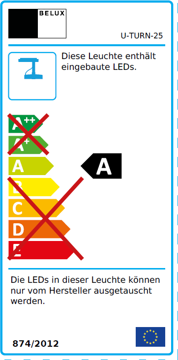 Energieeffizienzlabel der Belux U-Turn LED Deckenleuchte, Energieklasse A, sparsame und moderne Innenleuchte.