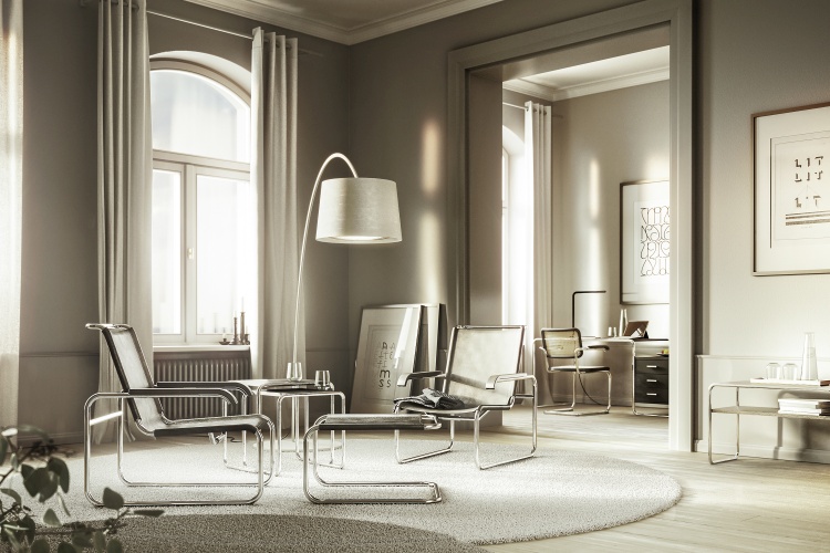 Helles Wohnzimmer mit B 10 Stahlrohr Beistelltisch von Thonet und passenden Stahlrohr Möbeln.