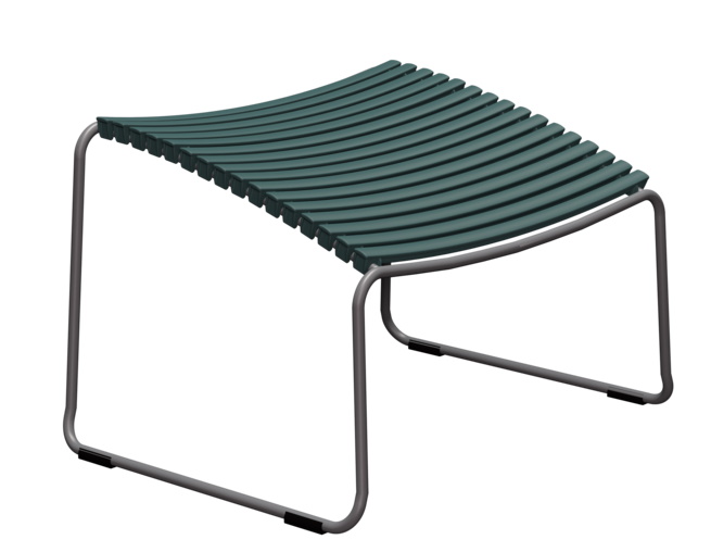 Houe Click Fußhocker für den Außenbereich, modernes Design mit grünen Lamellen und grauem Metallgestell.