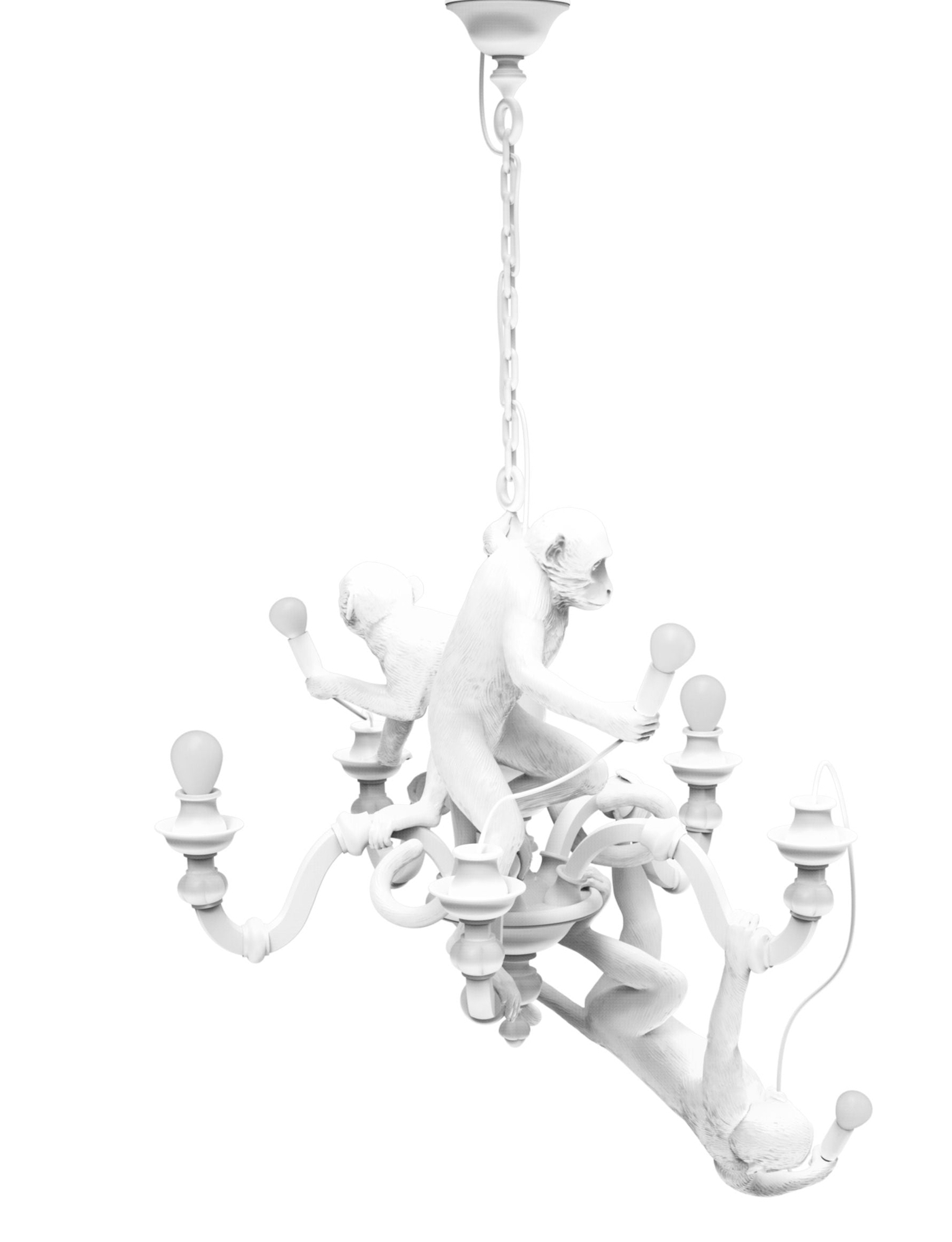 Weiße Monkey Chandelier Pendelleuchte von Seletti: Affen halten Lampen in einem verspielten Design.