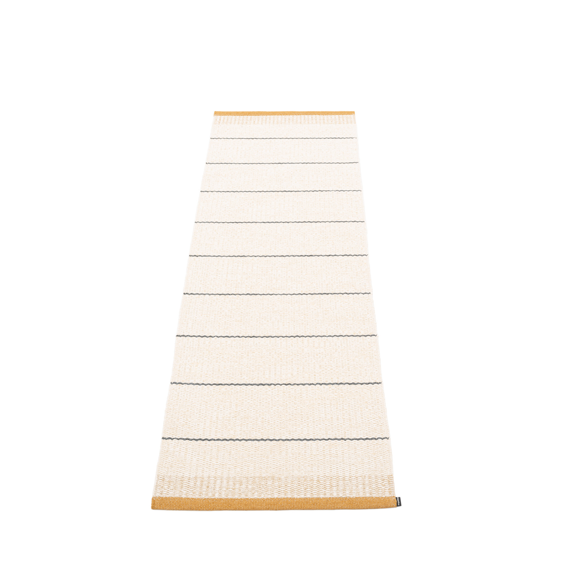 Belle Kunststoffteppich von Pappelina, 60x200 cm, mit Streifenmuster in Beige und Gelb. Robuster Teppich für Innen und Außen.