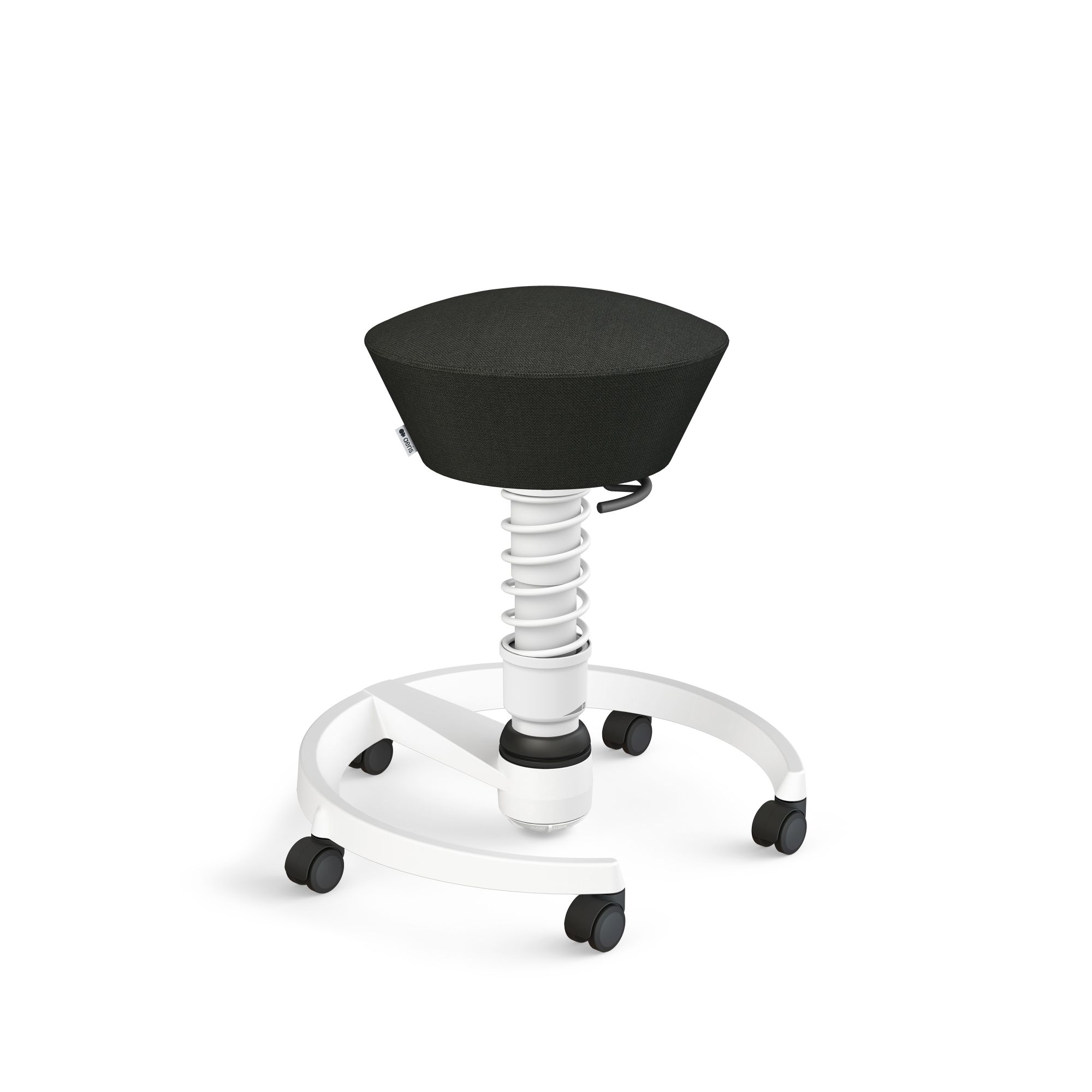 Aeris Swopper Air Aktiv-Hocker in Schwarz mit weißem Fußkreuz und Rollen, ergonomischer Bürostuhl für dynamisches Sitzen.