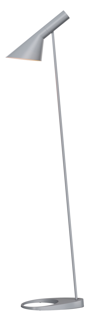 AJ Stehleuchte in hellgrau von Louis Poulsen: Moderne Stehlampe mit minimalistischem Design und Kegelförmigem Lampenschirm.