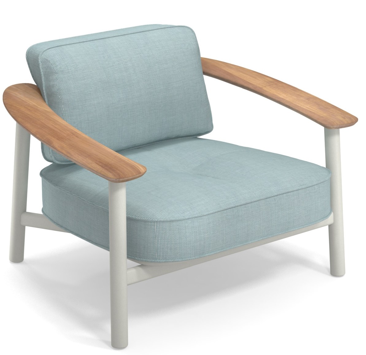 Twins Lounge Chair Outdoor Sessel von Emu mit hellblauem Bezug und Armlehnen aus hellem Holz.