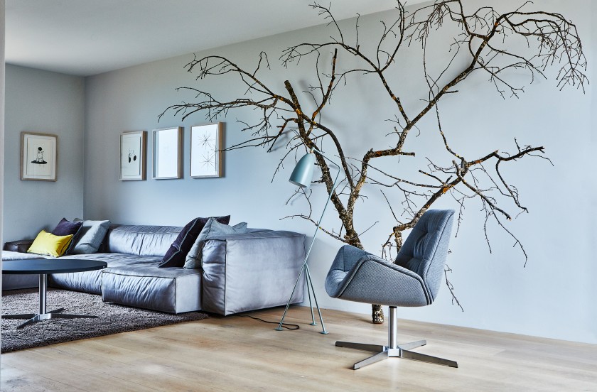 Grauer 809 Lounge Sessel von Thonet in modernem Wohnzimmer mit Baumdeko.