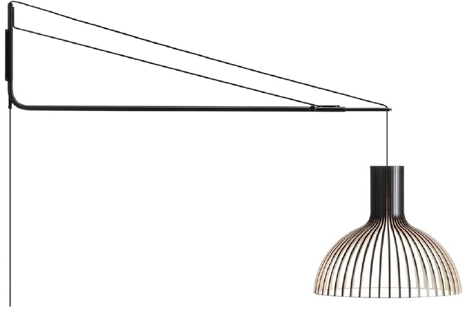 Puncto Pendelleuchte von Secto Design mit schwarzer Aufhängung und Lampenschirm aus hellem Holz.