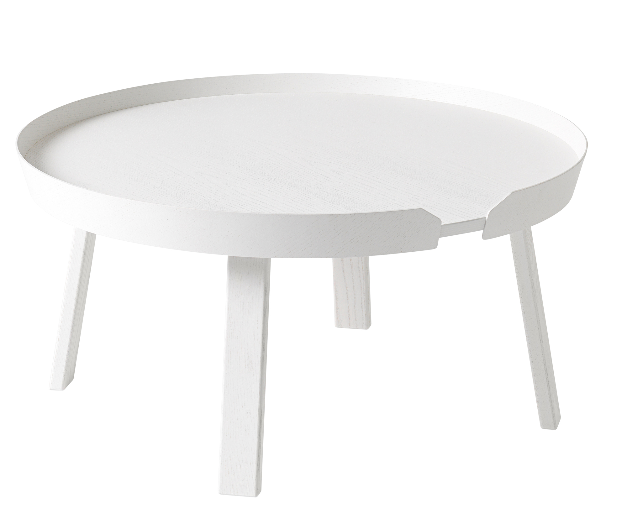 Weißer Around Coffee Table Large von Muuto aus Eichenholz, runde Tischplatte mit drei Beinen.
