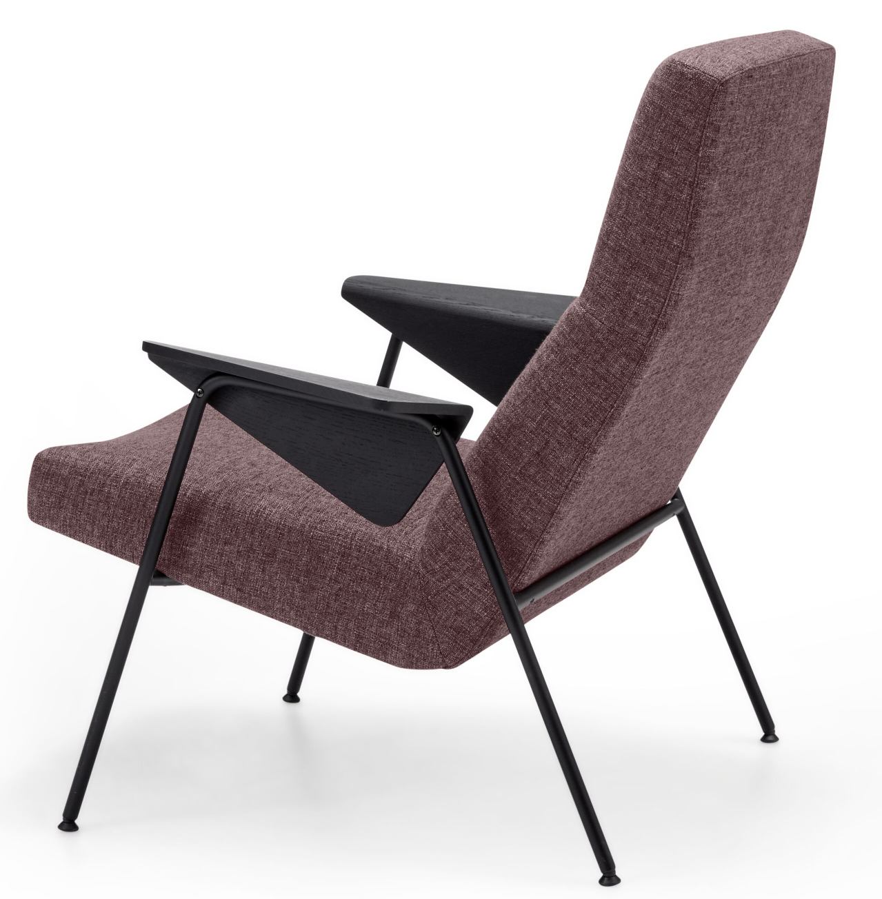 Walter Knoll Sessel Votteler Chair 367/368, Stoffbezug in Lila, schwarze Armlehnen und filigranes Metallgestell.
