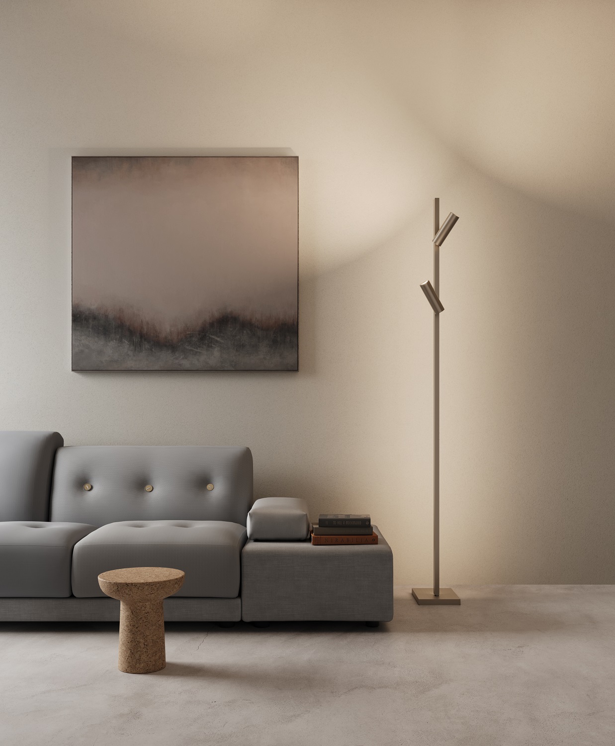 ZEN-X2 Stehleuchte im modernen Wohnzimmer neben grauem Sofa und abstraktem Wandbild.