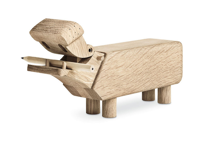 Kay Bojesen Flusspferd Holzfigur aus Eiche mit Stiften im Maul, dekoratives Holzspielzeug.