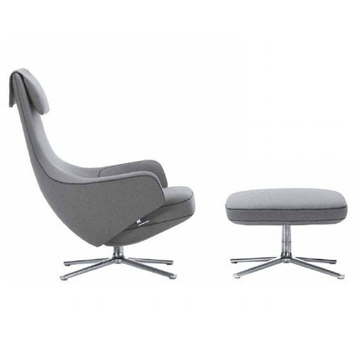 Grauer Repos Sessel mit Ottoman von Vitra, drehbarer Relaxsessel mit Fußhocker für Wohnzimmer.