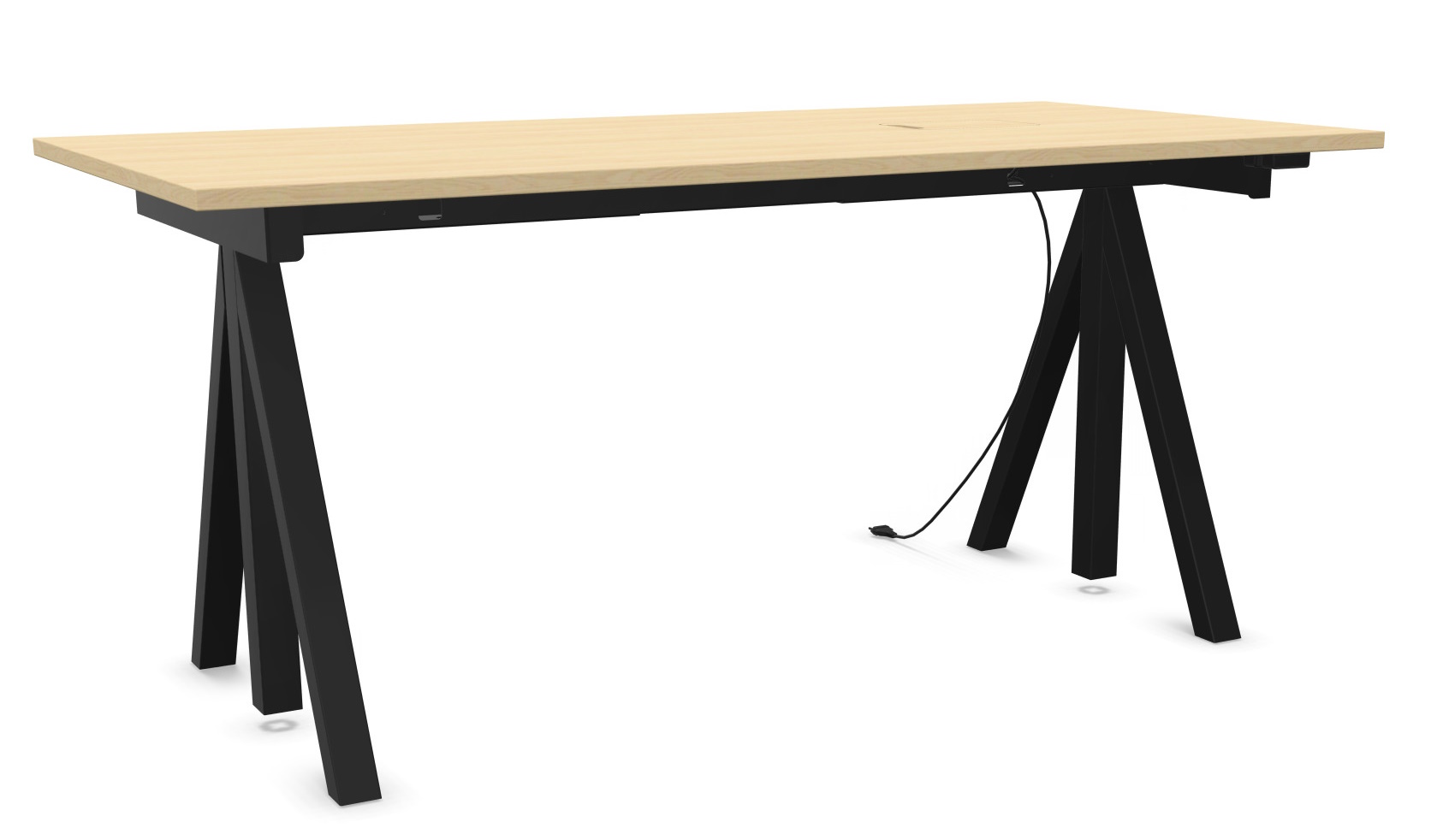 Wordesk Table Schreibtisch von String Furniture mit hellem Holz und schwarzem, modernem A-förmigen Gestell.