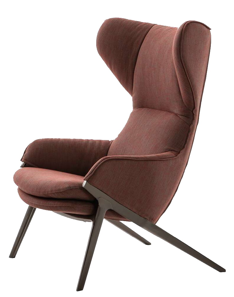 Brauner 395 P22 Sessel von Cassina mit hohem Rücken und dunklem Holzgestell.