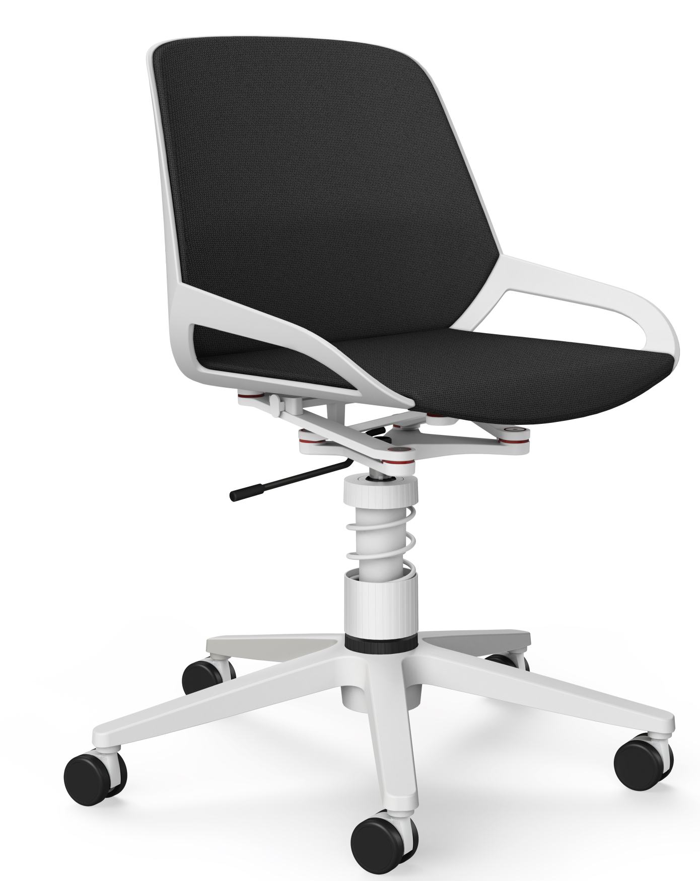 Numo Task Bürodrehstuhl von Aeris, schwarzer ergonomischer Schreibtischstuhl mit weißem Gestell und Rollen.