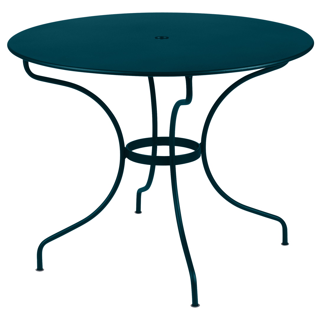 Blauer Opéra+ Tisch von Fermob für den Außenbereich, runder Gartentisch aus Metall.