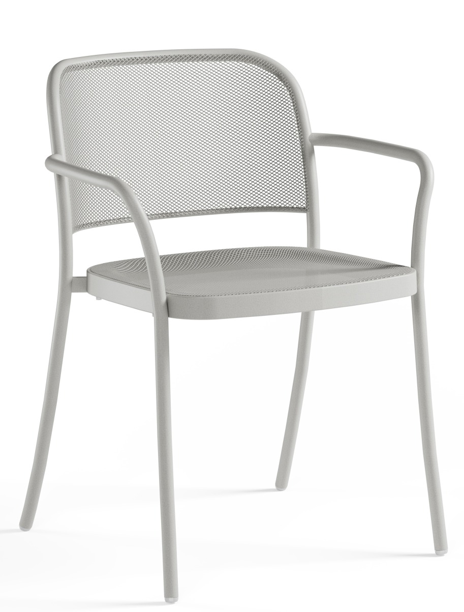 Café Armchair von Emu, ein grauer Outdoor-Stuhl mit Armlehnen und Stahlgitter-Design für Garten und Terrasse.