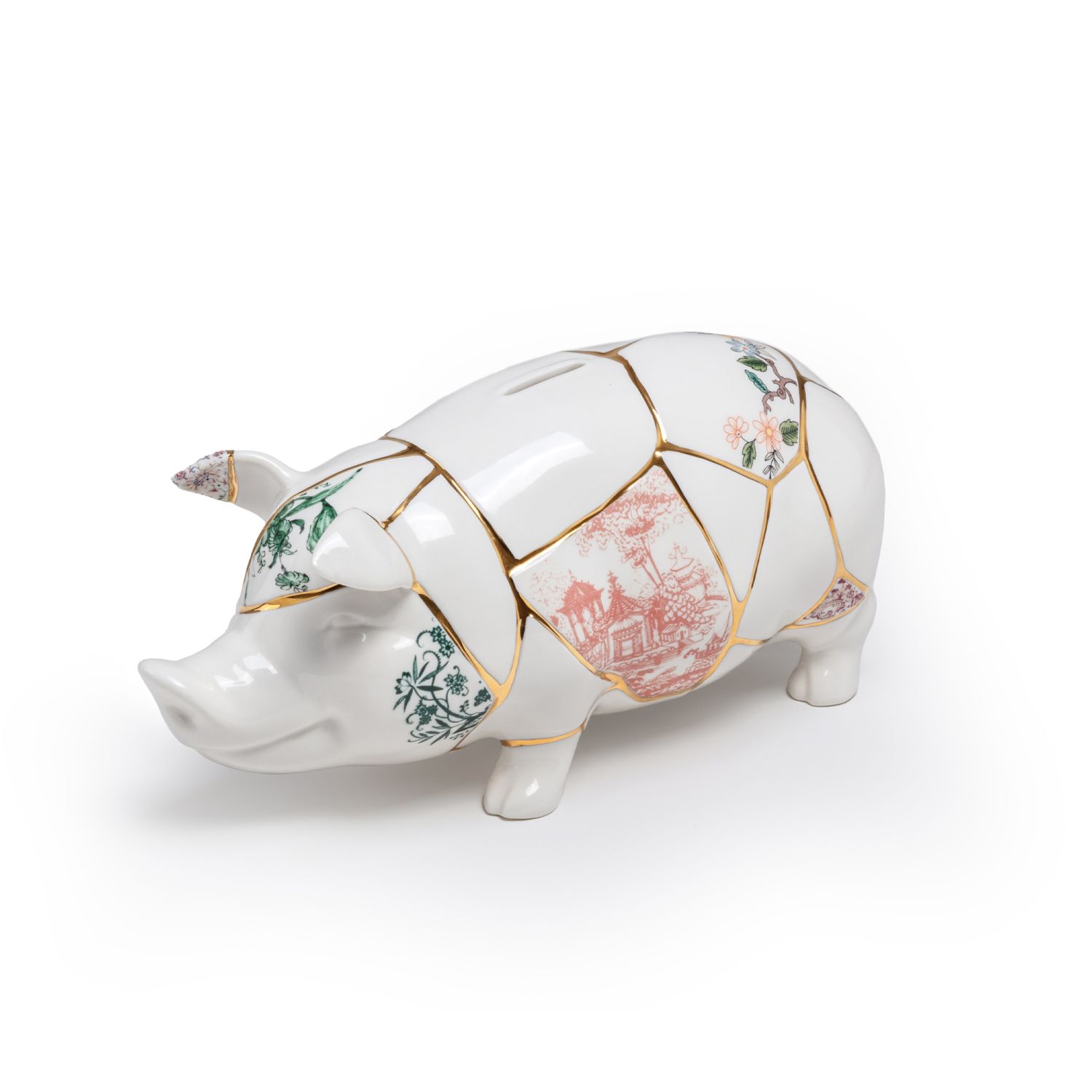 Seletti Kintsugi Spardose in Schweinchenform, weiß mit floralen Mustern und Goldreparatur, Geld sparen.