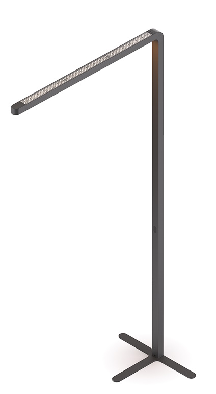Graue Team Agile Stehleuchte mit LED-Leuchtmittel und X-förmigem Fuß für Büro und Wohnzimmer.