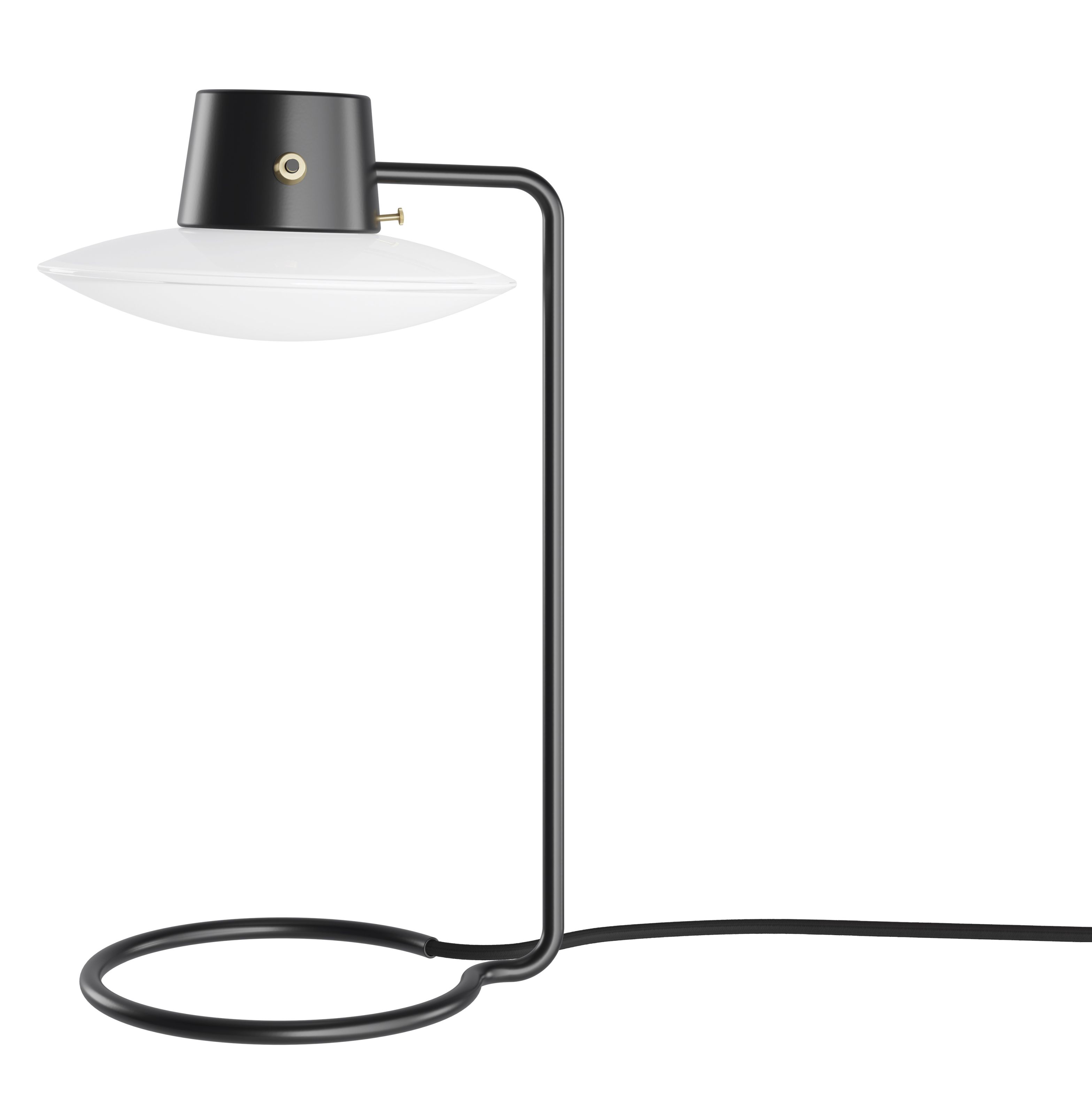 AJ Oxford Tischleuchte von Louis Poulsen, moderne Tischlampe mit schwarzem Gestell und weißem Schirm.