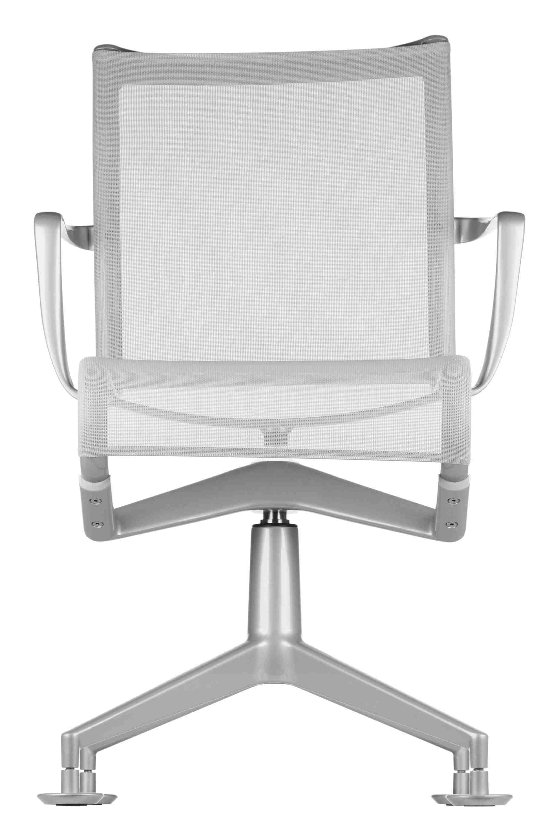 Meetingframe Drehstuhl mit Netzrückenlehne und Armlehnen in Silber, Ansicht von hinten für ergonomisches Sitzen.