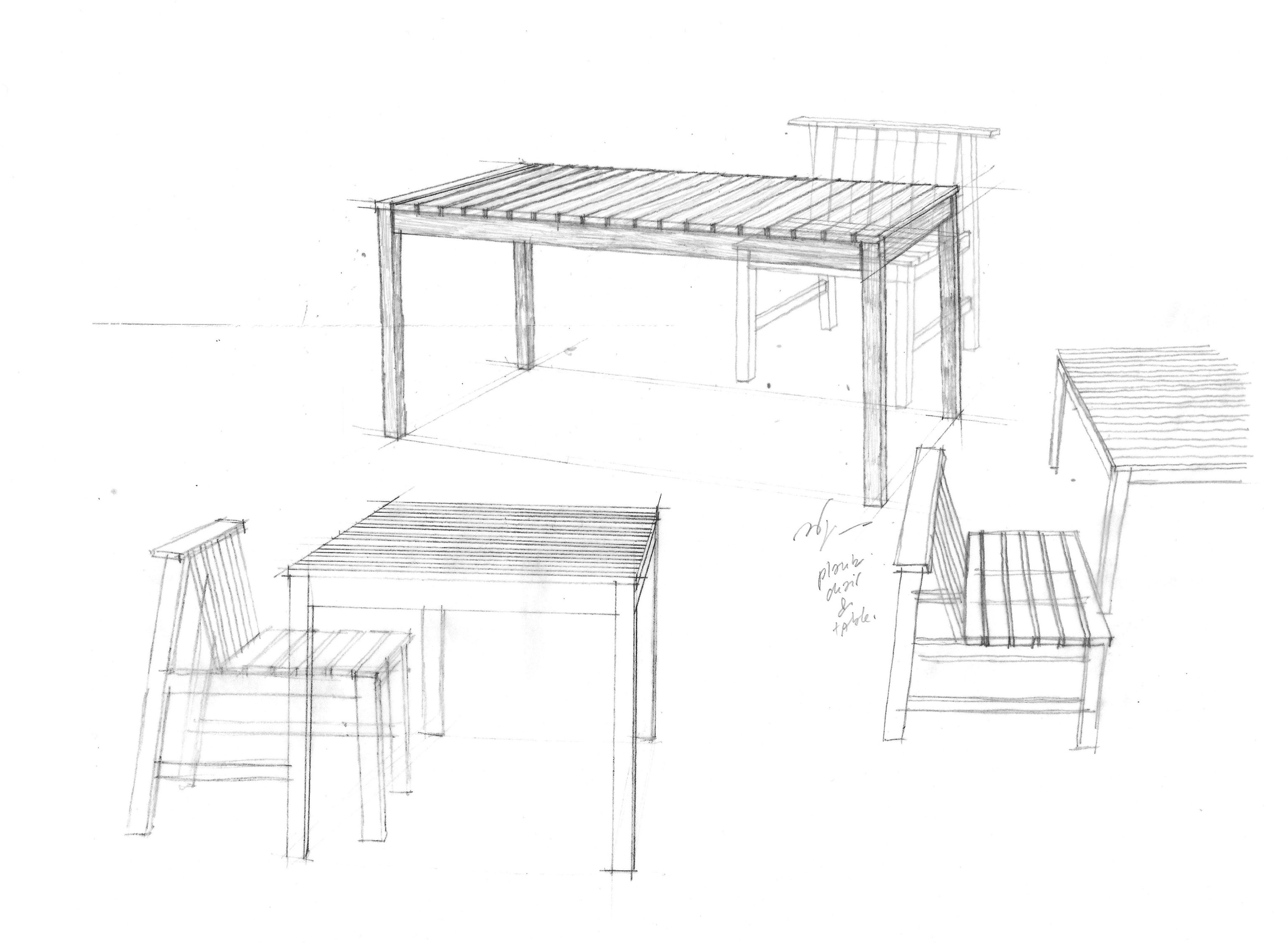 Skizze eines Cadence Tisches von Skagerak by Fritz Hansen, Teakholz, Outdoor-Möbel für Garten und Terrasse.