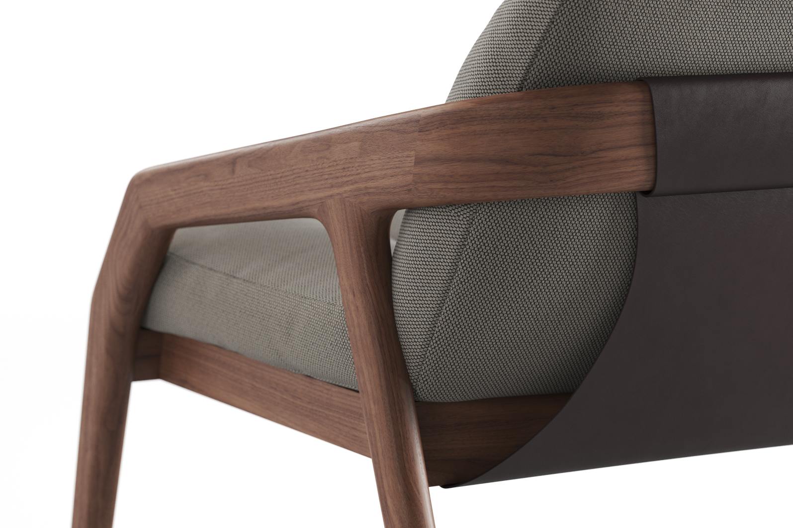 Detailaufnahme Friday 2 Sofa von Zeitraum: Holzrahmen, grauer Stoffbezug und braunes Lederband.