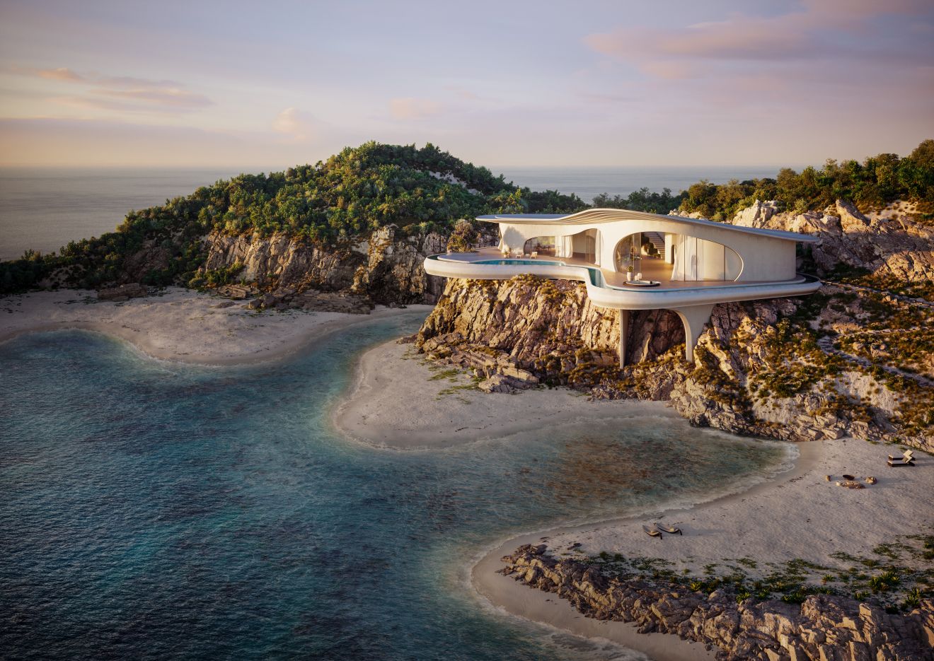 Moderne Luxusvilla am Strand auf Klippe mit Pool und Meerblick, exklusive Ferienimmobilie.