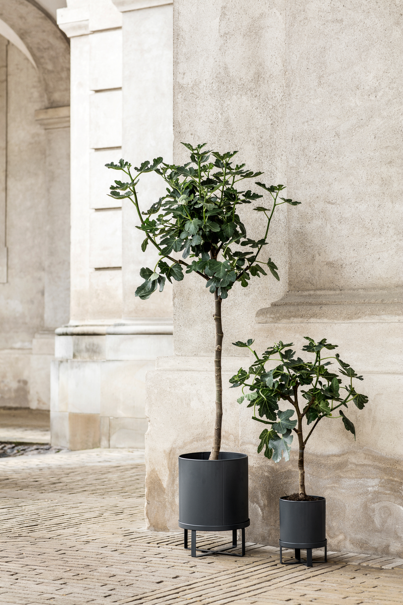 Zwei graue Ferm Living Blumentöpfe der Bau Pot Serie mit Pflanzen vor einer hellen Wand.