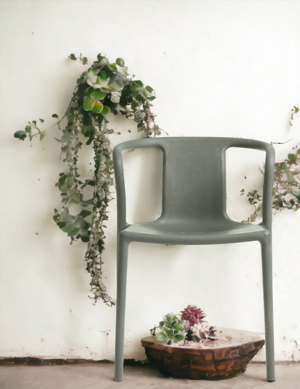 Grauer RE Air Armchair von Magis, ein moderner Armlehnstuhl aus recyceltem Kunststoff für drinnen und draußen.