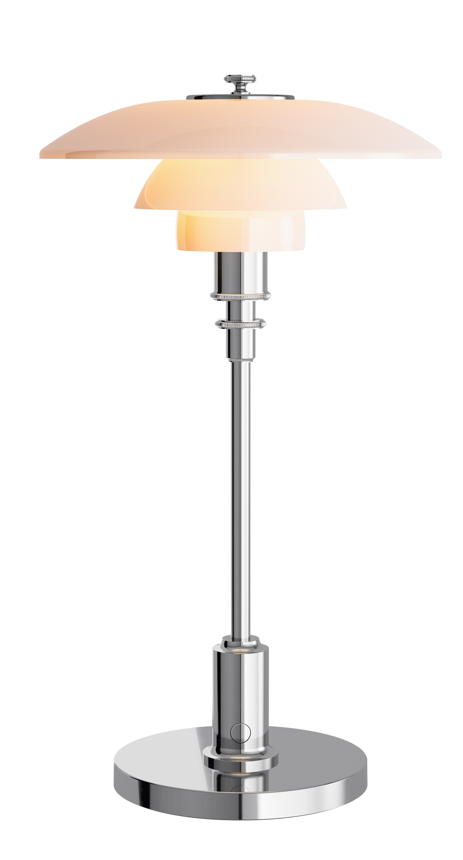 PH 2/1 Tischleuchte von Louis Poulsen: Akkuleuchte mit Opalglas-Schirm und Chromgestell für stimmungsvolles Licht.
