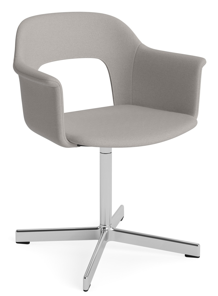 Layout Armchair von Hay: Moderner, grauer Armlehnstuhl mit Drehfuß aus Chrom für Büro und Wohnzimmer.