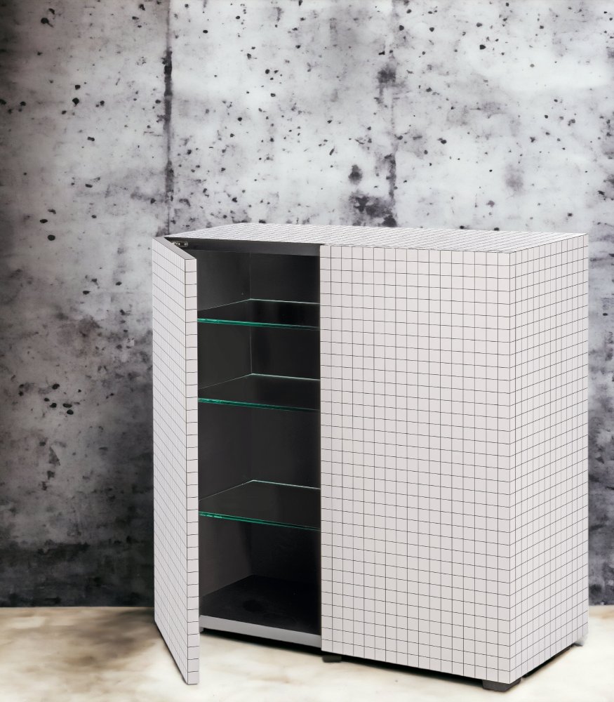 Zanotta Quaderna Schrank mit offenstehender Tür und Glasböden, modernes Designmöbel.