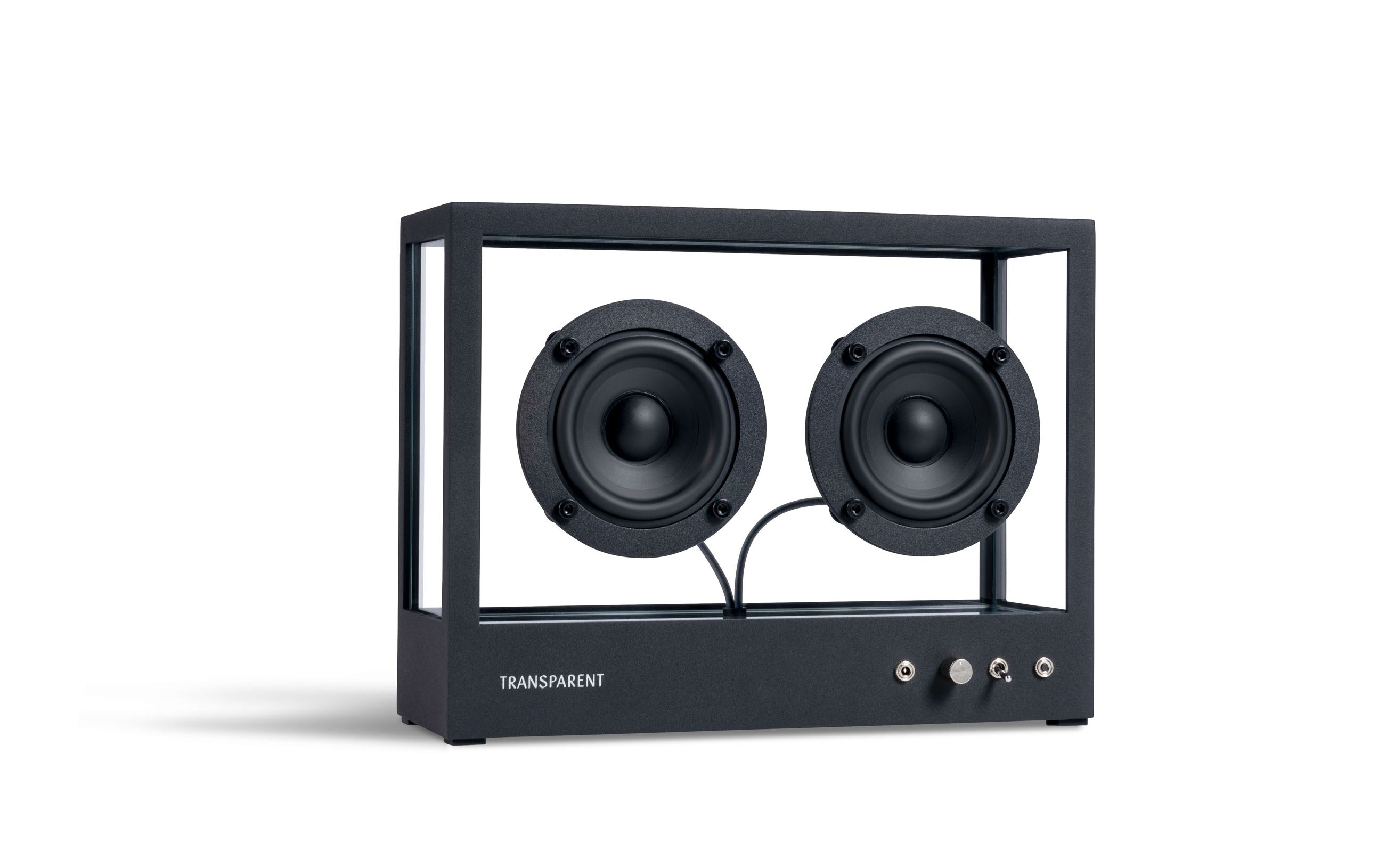 Nahaufnahme des Transparent Lautsprechers: Kleiner, transparenter Bluetooth-Lautsprecher mit minimalistischem Design und zwei Lautsprechern.