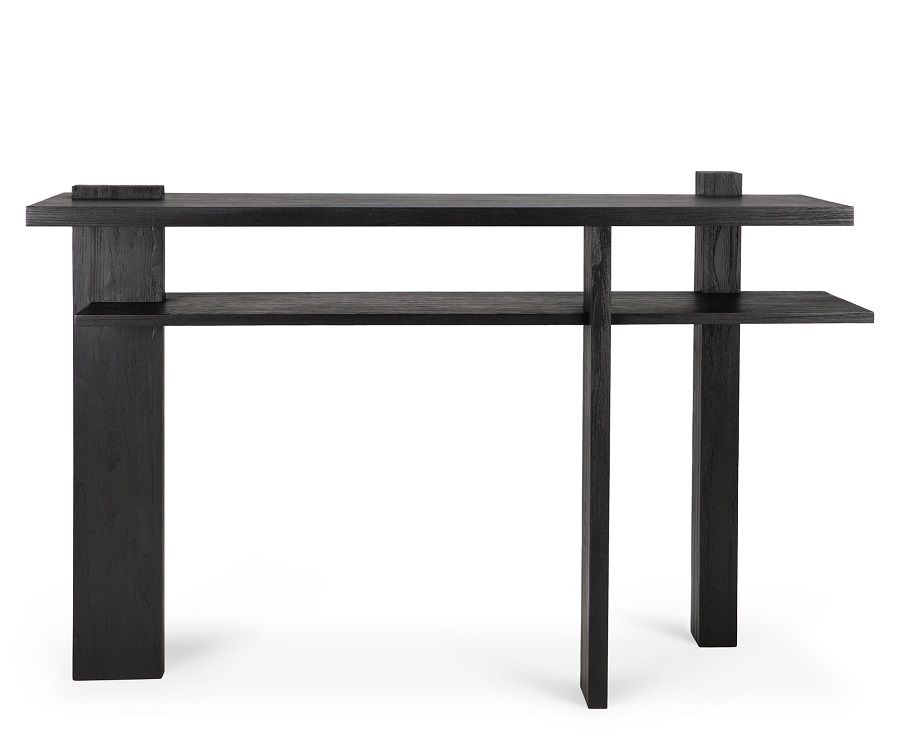 Schwarze Ethnicraft Konsole aus Eiche im abstrakten Design mit zwei Ablageflächen und minimalistischer Form.