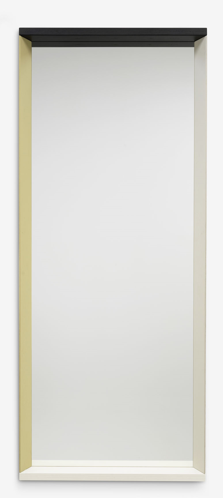 Vitra Colour Frame Spiegel: Rechteckiger Wandspiegel mit farbigem Rahmen in Gelb, Weiß und Schwarz.