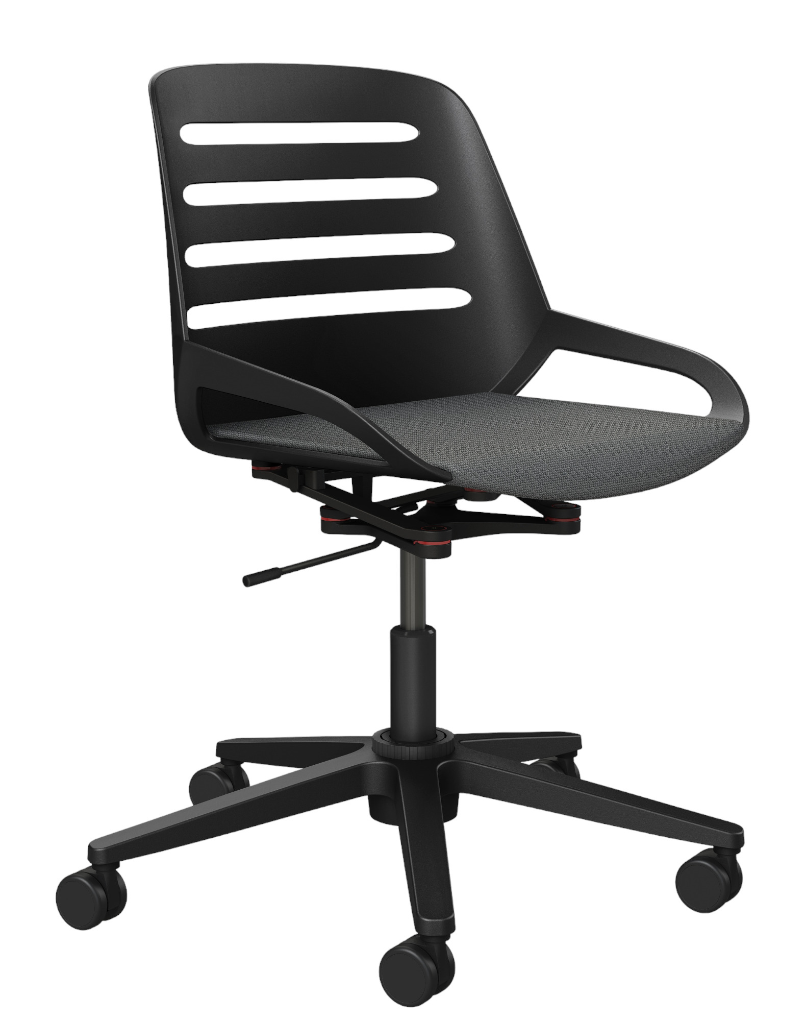 Schwarzer Numo Task Bürodrehstuhl von Aeris mit Rollen und atmungsaktiver Rückenlehne für ergonomisches Sitzen.