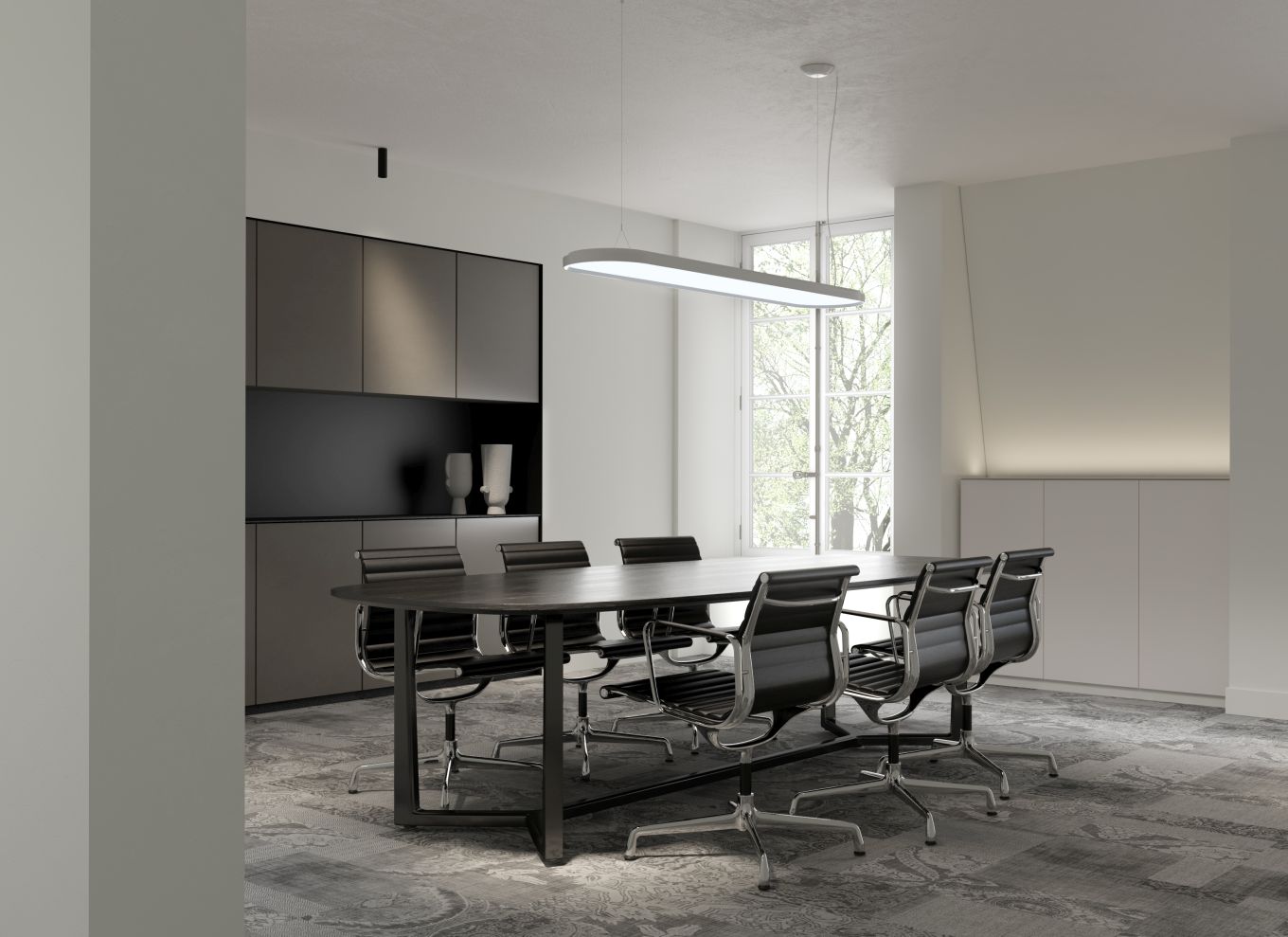Helles Büro mit Esstisch und der weißen Kido Pendelleuchte von Belux mit 3000K Lichtfarbe.