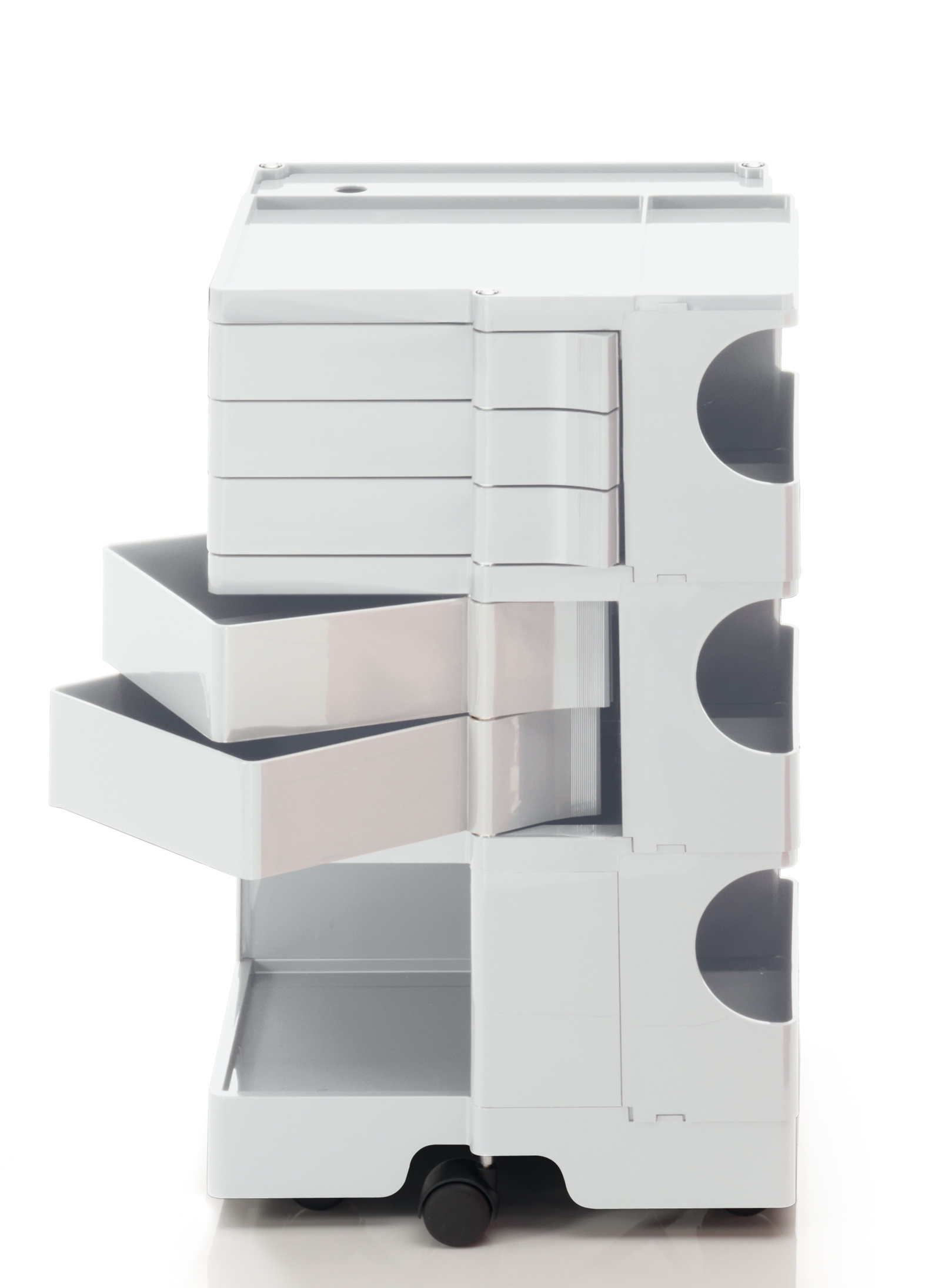 Weißer Boby Rollcontainer B35 mit Schubladen und Fächern für Bürobedarf und Arbeitsplatzorganisation.