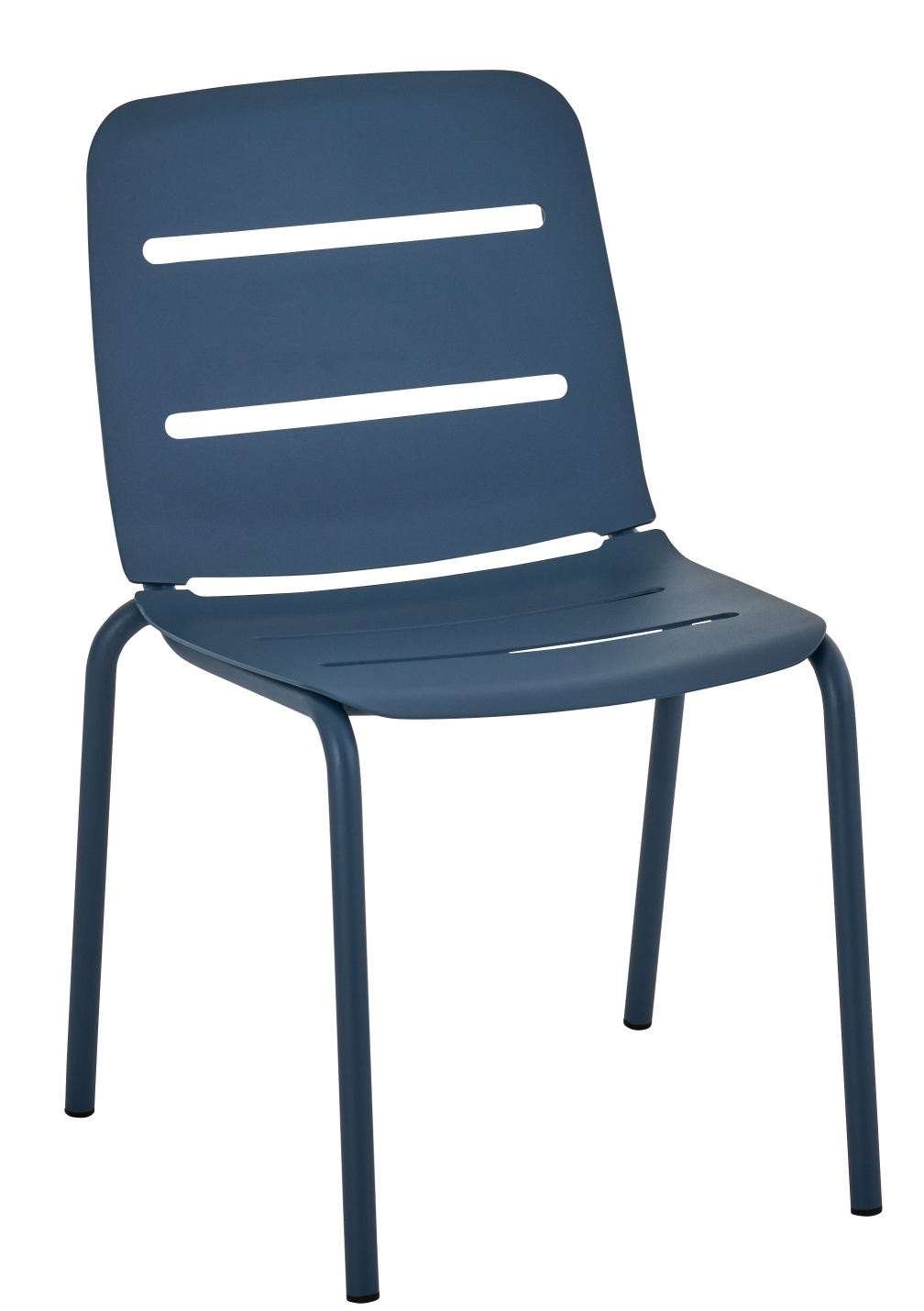 Vapio Stuhl Outdoor von Weishäupl, blauer Gartenstuhl aus Kunststoff mit Stahlbeinen für Terrasse und Balkon.
