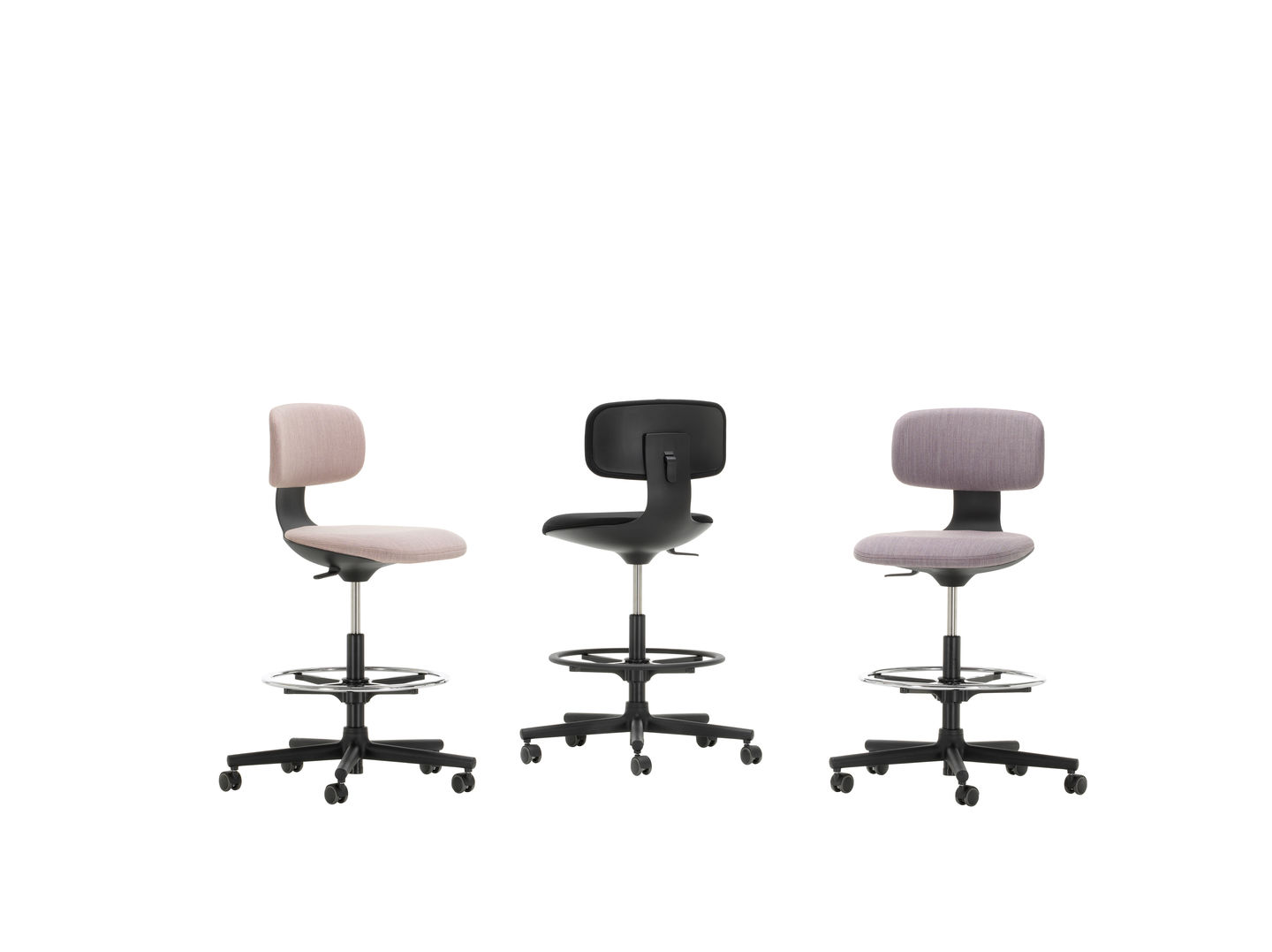 Drei Vitra Rookie High Bürodrehstühle in Rosa, Schwarz und Grau mit Fußstütze und Rollen.